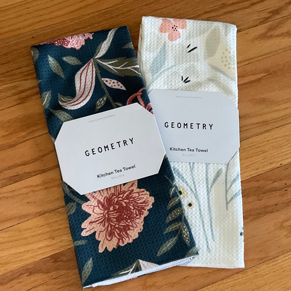 Geometry Floral Kitchen Tea Towels - Blue and White